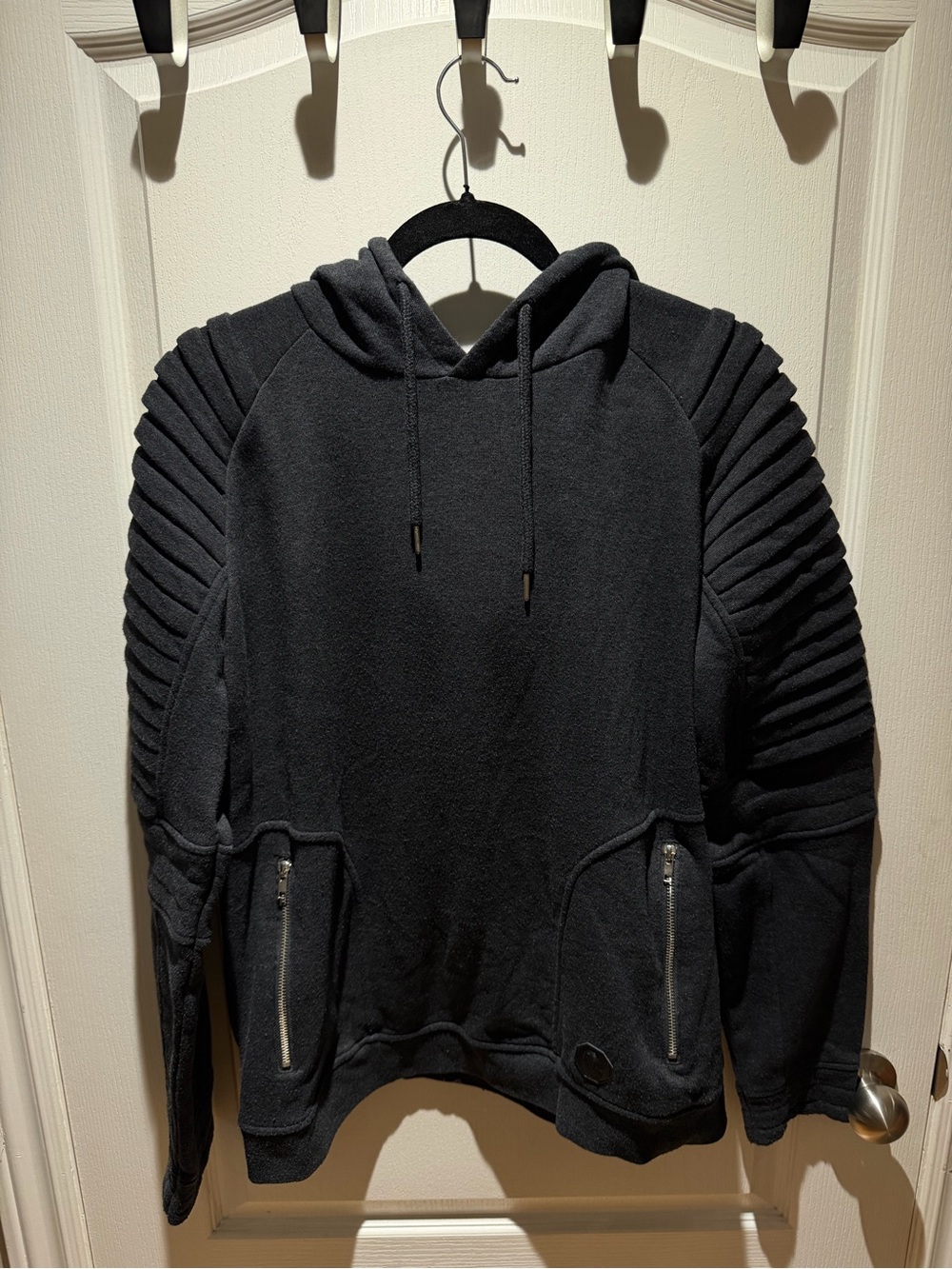 Urban Behavior Black Pullover Hoodie with Ribbed Shoulder Panels